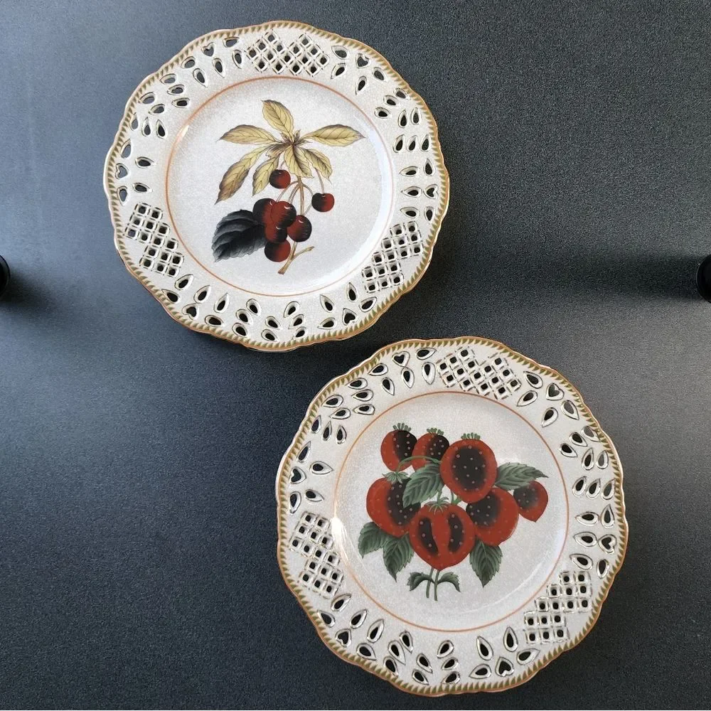 Set of Two Vintage Reticulated Porcelain Plates With Botanical Fruit Design 10.5